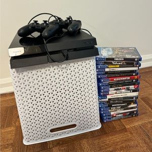 PlayStation 4 with 2 controllers and various games